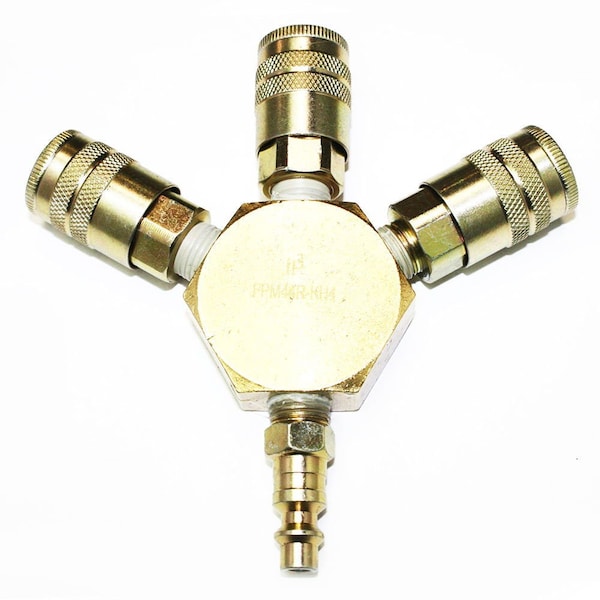 Interstate Pneumatics Flat Hex Manifold with Three 1/4 Inch Steel Industrial Couplers & One 1/4 Inch Steel Plug Kit FPM44R-KH4 - main